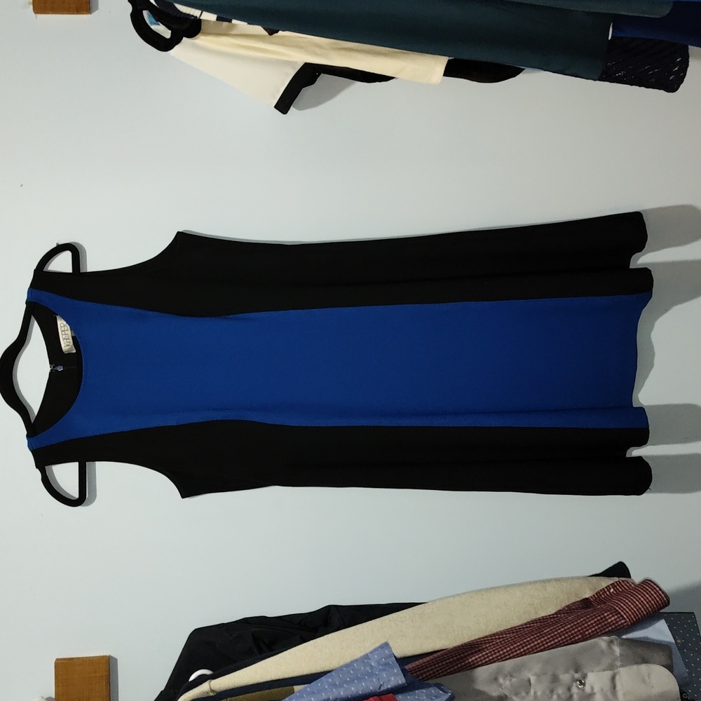 KASPER Size 12 Blue Black Midi Dress Invisible Zipper Sleeveless NWOT